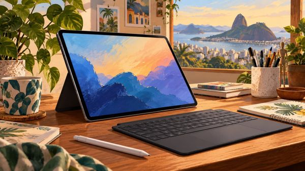 Um studio de criação para Galaxy Tab S12 Brasil com tablet genérico, caneta, teclado e caderno aberto sobre um desk