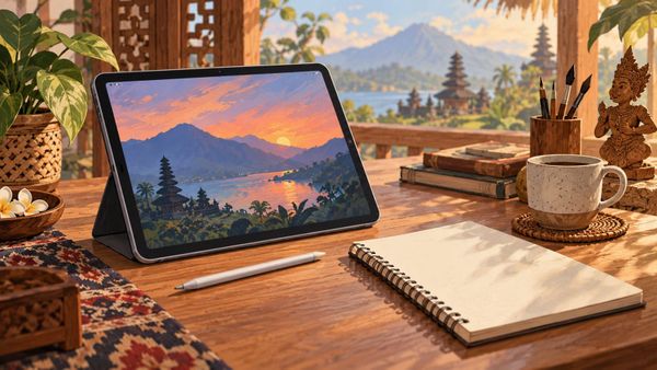 Studio alur kerja Galaxy Tab S12 Indonesia dengan tablet tanpa merek, stylus, keyboard dan buku catatan di desk