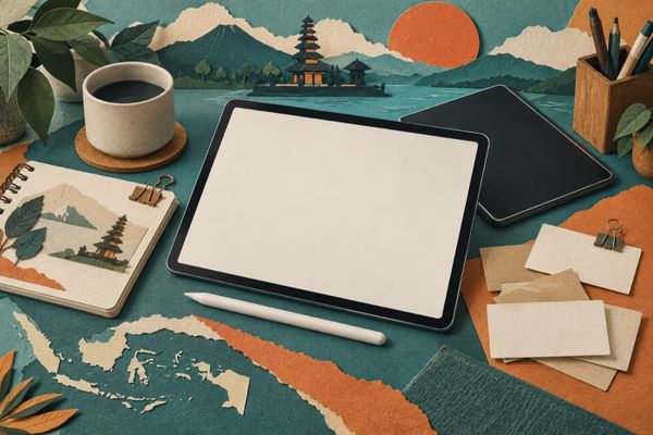 Tablet dengan layar kosong, pena digital, buku catatan dan kartu berkas di meja kerja, ilustrasi untuk uji Galaxy Tab S12 oleh kreator.