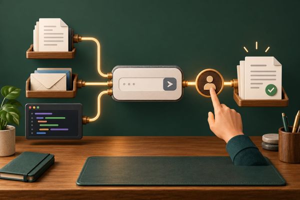 Illustration of a Gemini work-agent concept with a prompt box, document, inbox and code panels, constrained workflow lanes and a human review gate