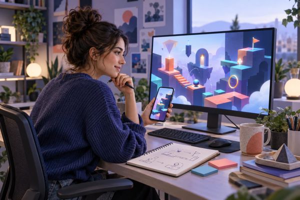 A creator testing Google Playground AI games on desktop and mobile screens in a colorful studio