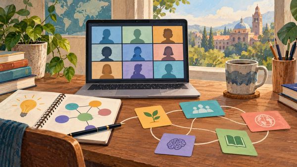Laptop de taller virtual, cuaderno y tarjetas de aprendizaje conectadas, ilustración del lanzamiento de HEILAB en el Día del Docente.
