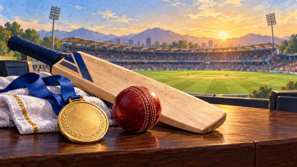 बल्ला, गेंद और स्वर्ण पदक वाला sports desk, भारत के एशियाई खेल क्रिकेट स्वर्ण की कहानी के लिए संपादकीय चित्रण।