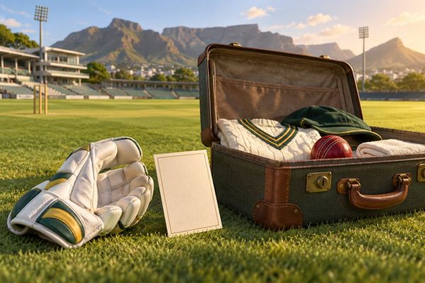 A Josh Inglis squad-status briefing studio with generic wicketkeeping glove, suitcase and an empty player card