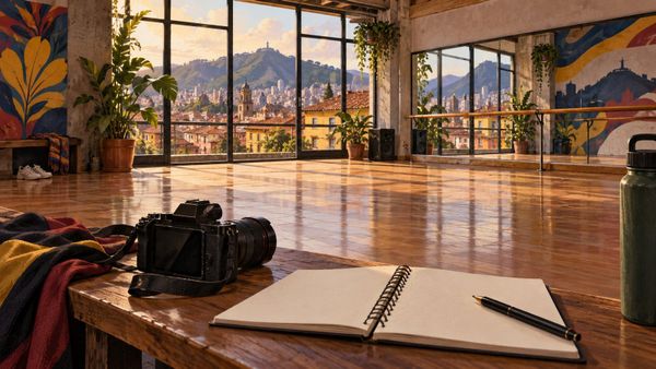 Un studio de danza inspirado en Bogotá para K-Connection con espejos, cámara y cuaderno de reflexión junto a telas
