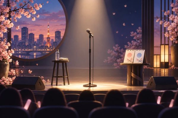 キム・ヨングァン東京公演の撮影スタジオ風イラストに空のマイク、舞台照明と無地の予定カード