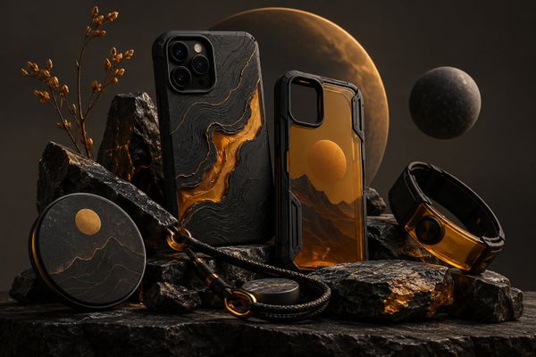 コジマプロダクションCASETiFY発表を説明する撮影スタジオに無地のスマホケースと抽象的な探検モチーフ