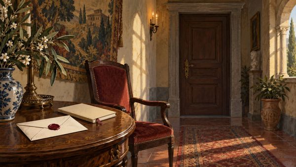 Porta chiusa, lettera e notebook nel corridoio di un palazzo, illustrazione sul segreto di Maria in La Promessa del 5 ottobre.