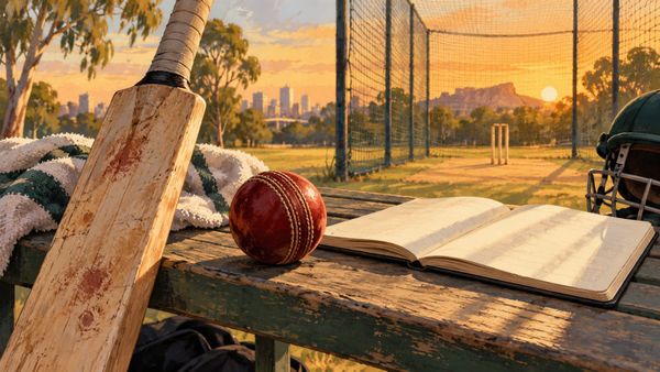 Cricket bat, red ball and an open innings notebook on a practice bench, illustrating Labuschagne’s 111 in a tour match.