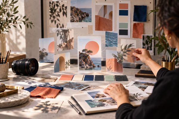 Studio creativo Magnific One AI con camera, varianti fotografiche, palette colori e materiali per un Brand Kit