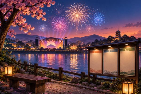 直方の音楽花火を説明する撮影スタジオ風の編集イラストに川辺の舞台と抽象的な花火