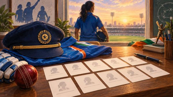मंधाना की कप्तानी में भारत जिम्बाब्वे स्क्वाड समझाने के लिए studio में सामान्य क्रिकेट उपकरण और दो खाली सूची बोर्ड