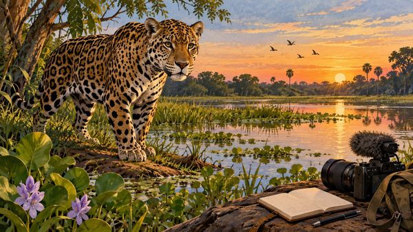 Onça à margem de um rio, câmera e caderno de campo no Pantanal, ilustração para Marcha das Onças narrado por Fernanda Torres.
