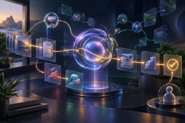 Agente de IA abstrato conectando memória, tarefas e aprovação humana em um fluxo digital