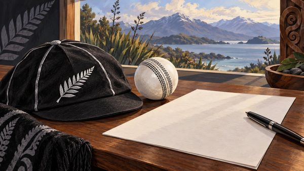 Cricket cap, ball and blank contract sheet on a desk, illustrating Michael Bracewell’s casual contract and Black Caps availability.