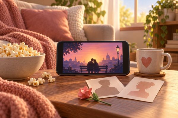 Uno studio domestico per My Sweet Lie con telefono generico, fiore di carta e due schede personaggio senza volti