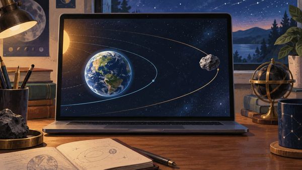 Earth, an asteroid and a browser screen with orbital curves, illustrating the NASA Eyes Watch controls without a collision.