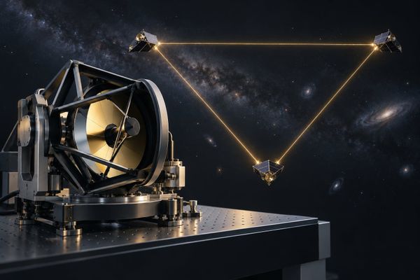 A LISA test-telescope studio illustration with an optical model and three generic spacecraft joined by a triangular beam