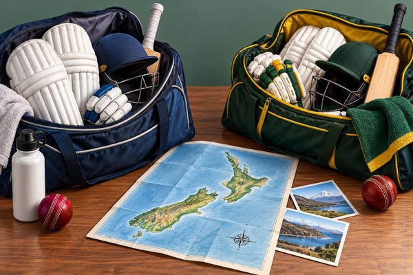 A New Zealand split-ODI-squad briefing studio with two different kit bags and an unbranded travel map