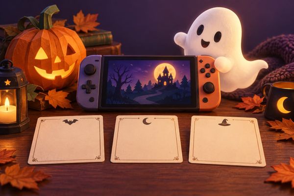 A Nintendo Halloween editorial studio scene with generic handheld console, paper pumpkin, friendly ghost and blank choice cards