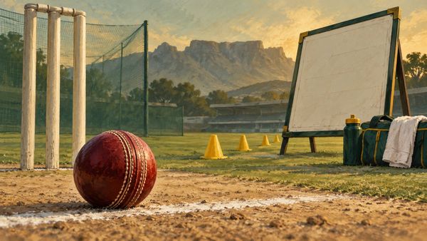 Red cricket ball, training markers and a blank selection board, illustrating Nortje’s plan for a Test return against Australia.