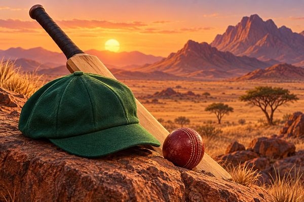 An Ireland Namibia ODI-tour briefing studio with a generic green cricket cap, bat and desert-ground backdrop