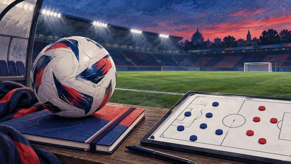 Ballon, carnet bleu et rouge et tableau tactique près d'un terrain vide, illustration du PSG féminin et du 3–1 à Fleury.