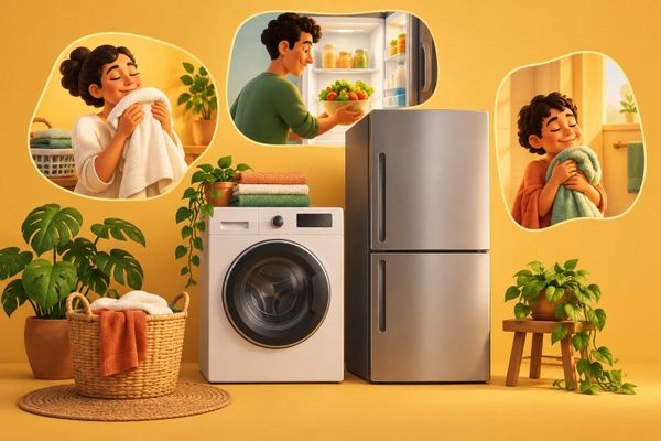 Ilustração da campanha de rotina doméstica com lavadora, geladeira e três quadros de atividades em tons quentes, sem marcas