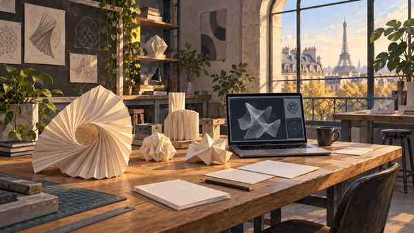 Un studio parisien de design pour Samsung STATION F avec carnet, modèles en papier et ordinateur sans interface officielle