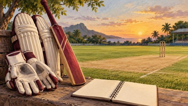 Wicketkeeping gloves, pads, maroon bat and a partnership notebook, illustrating Shai Hope’s leadership and unbeaten 162.