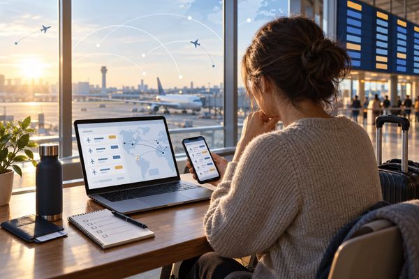 Southwest ChatGPT plugin flight-search checklist on a laptop and phone beside a carry-on bag at an airport window