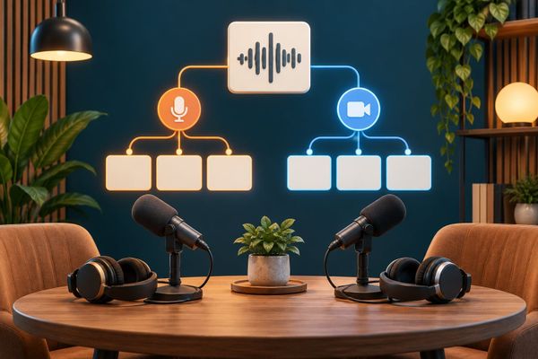 A Spotify podcast-distribution studio illustration with empty microphones and separate audio and video panels