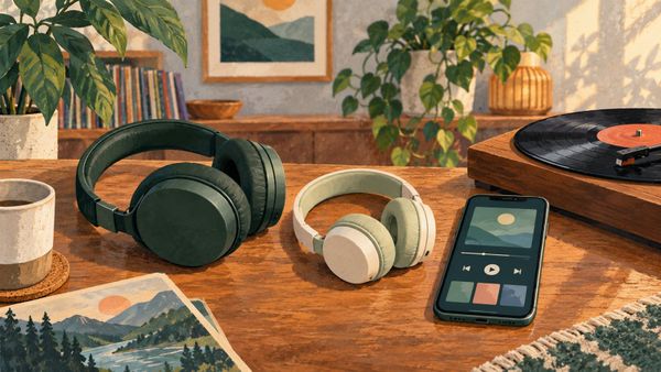 Two sets of headphones, a smartphone with music-control tiles and a record, illustrating Spotify managed accounts for families.
