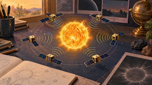 Six satellite models beside a Sun illustration and radio-wave briefing cards, illustrating SunRISE’s future mission concept.
