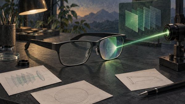 Smartbrille mit transparenter Linse und grünem Lichtstrahl im Studio, Illustration zum 150-nm-Spiegel und TDK-Prototyp.