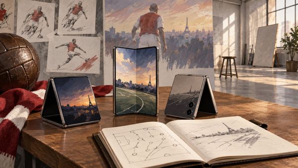 Un studio para analizar la campaña Galaxy Z con móviles plegables sin marca, una cámara y cuaderno de escenas