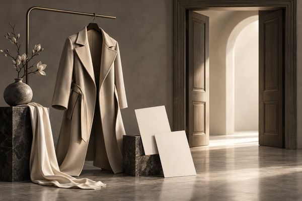 Uno studio per la transizione Saint Laurent con cappotto generico, porta e due carte di direzione creativa vuote