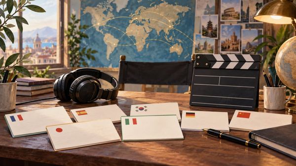 VIVANT制作支援の確認カードを説明する机に世界地図、言語カード、カメラと映画クラップボード