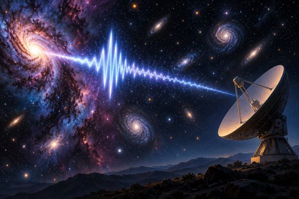 A Webb radio-burst explainer studio illustration with a symbolic waveform, galaxy field and generic ground telescope