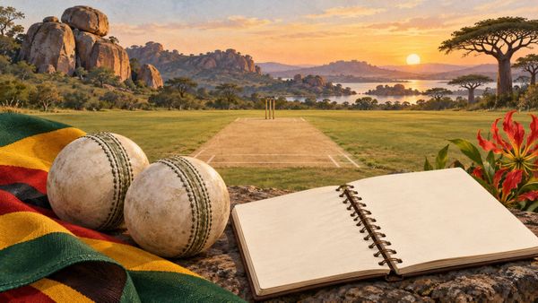 A Zimbabwe cricket-tour report workspace with two generic balls, a notebook and coloured fabric beside a pitch