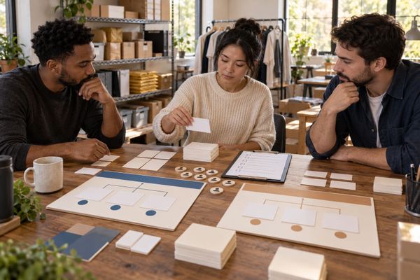 Creator business team reviewing blank product cards, retention signals, and two growth routes before scaling