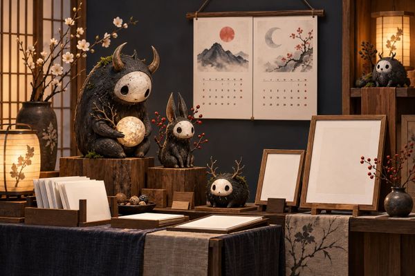 夜行ポップアップを想像した展示室のイラストで、独自の生き物の立体と無地の額、二か月分のカレンダーを配置