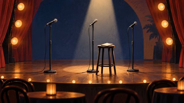 Tre microfoni e uno sgabello su un palco vuoto nello studio, illustrazione per Zelig 30 e il Best Minute.