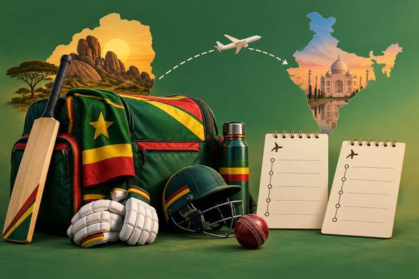 A Zimbabwe women's India-tour studio illustration with generic kit, a travel path and blank schedule cards