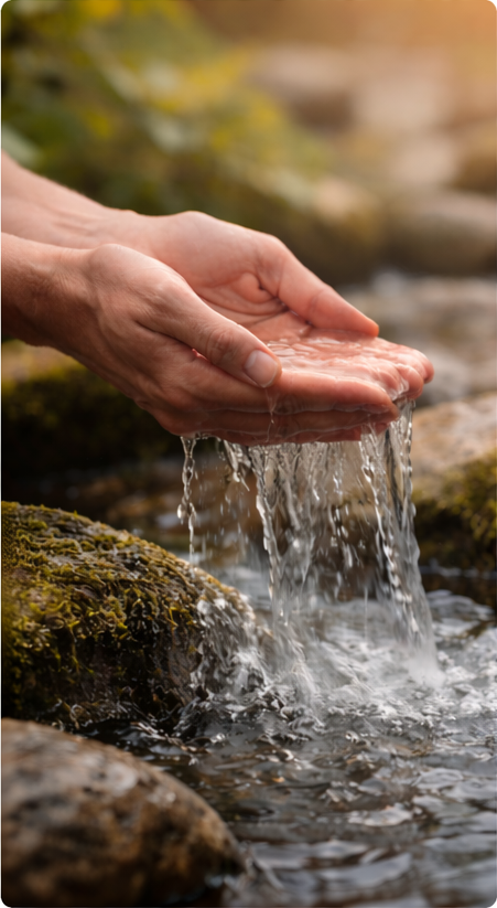 Sacred water in ritual with stone vessel or spring