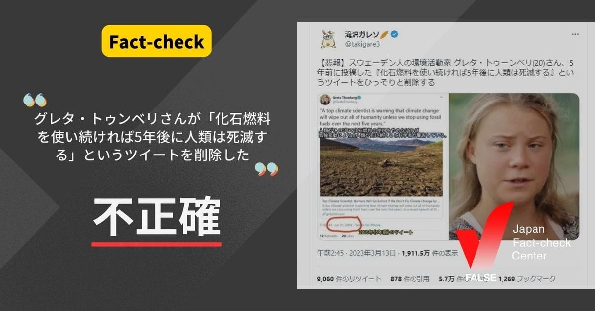 グレタ・トゥンベリさんが「化石燃料を使い続ければ5年後に人類は死滅する」というツイートを削除した？【ファクトチェック】