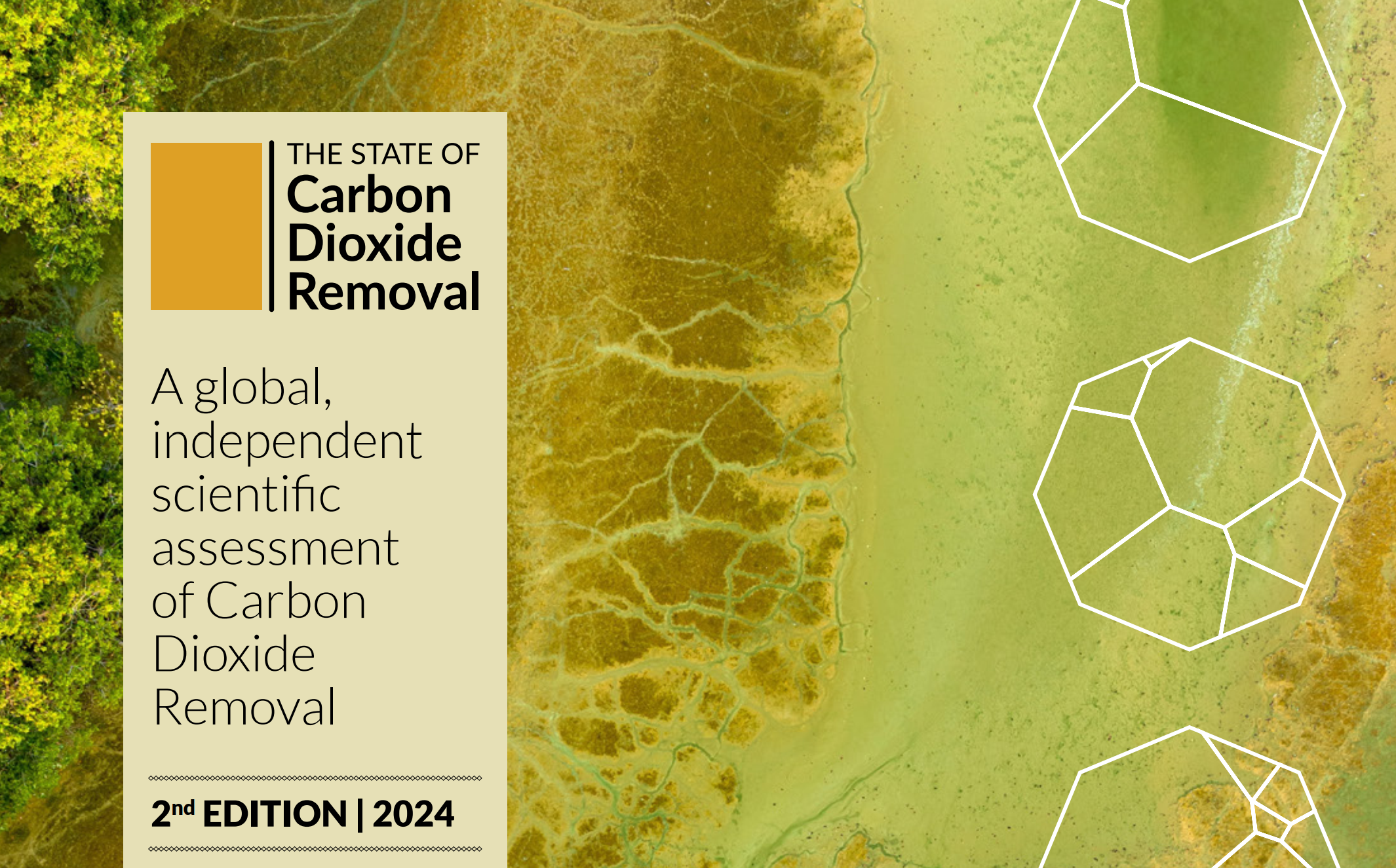 Detail from the cover of The State of Carbon Dioxide Removal report, illustrated with an aerial photo of a coastline, and a series of geometric shapes.