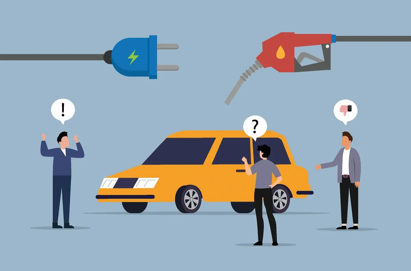 An illustration of three people standing around an EV, with a charger cable and a gas pump above them.
