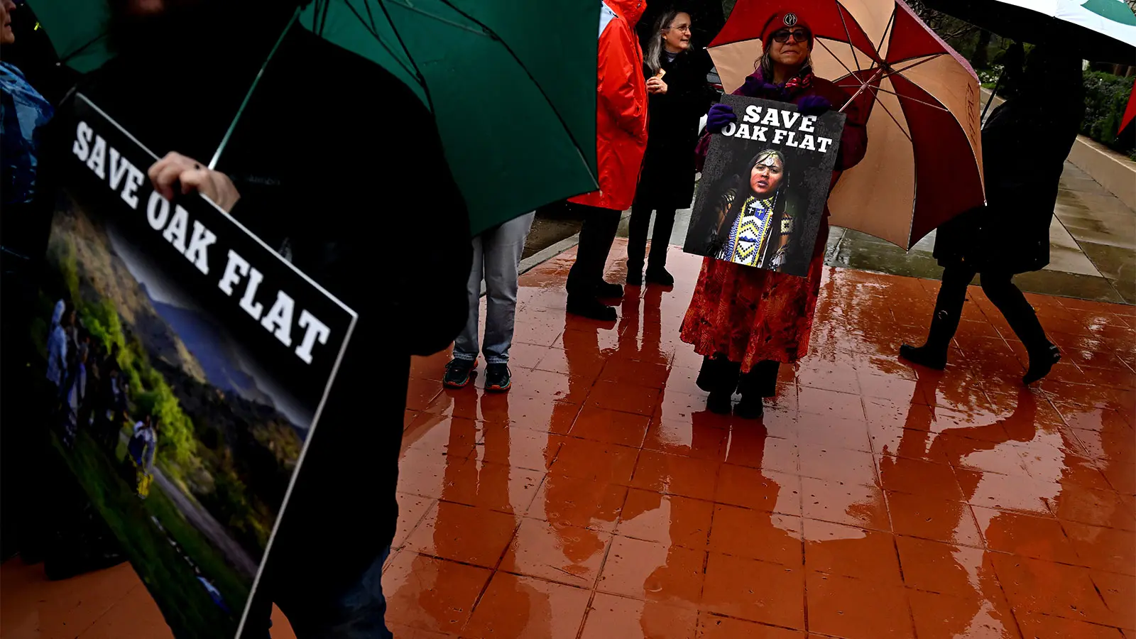 Campaigners with umbrellas hold placards proclaiming "Save Oak Flat"