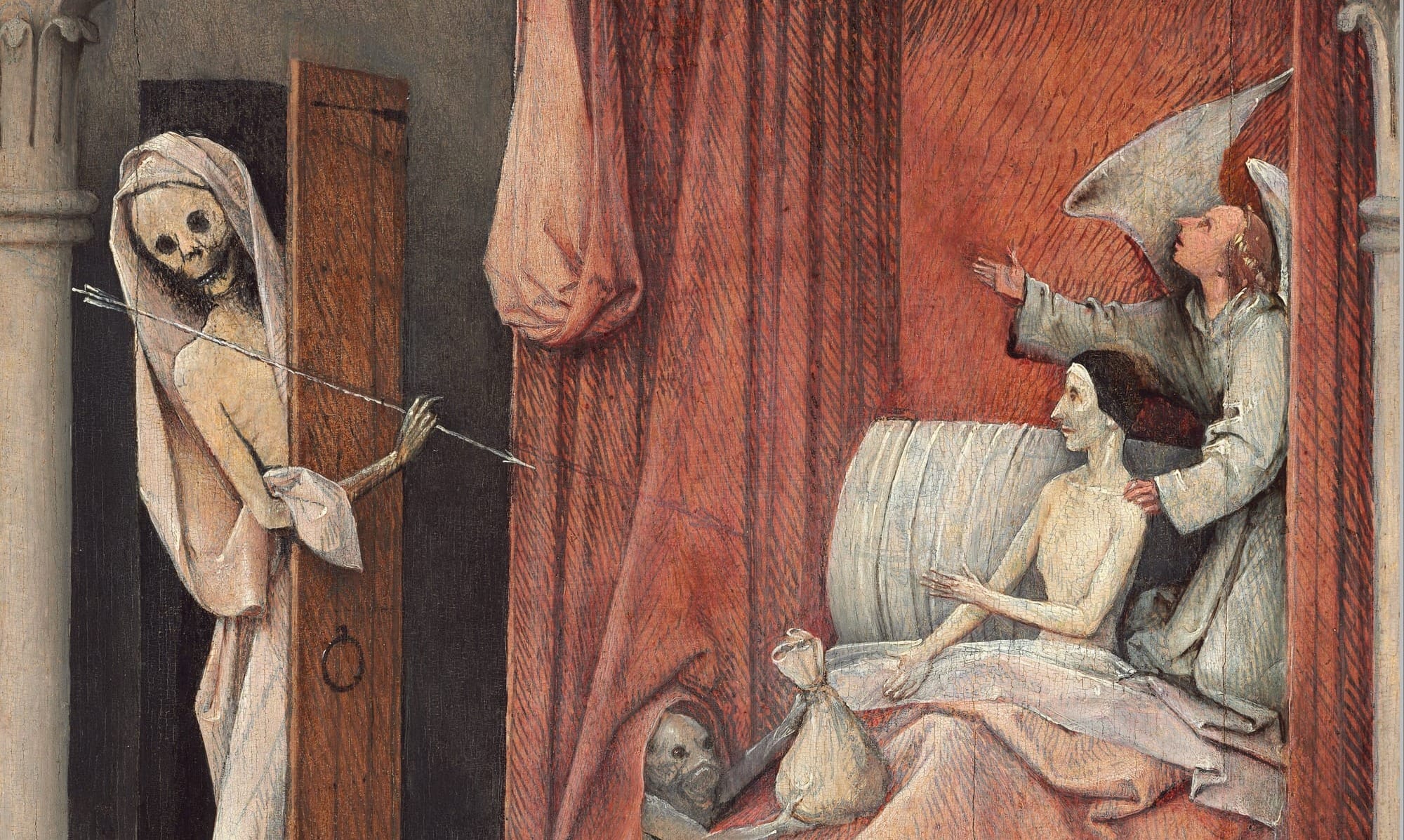 A detail from Death and the Miser, by Hieronymus Bosch, painted between 1490 and 1516. In the detail, death peers around the door holding an arrow. The terrified Miser is in bed, being handed a sack of coin by some sort of ghastly creatures.